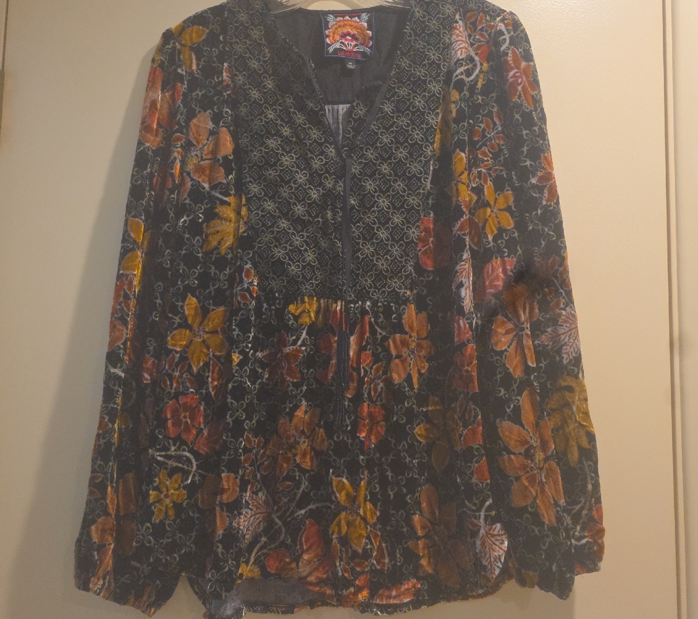 Johnny Was Black Velvet Floral Tunic with Rust & Mustard Accents